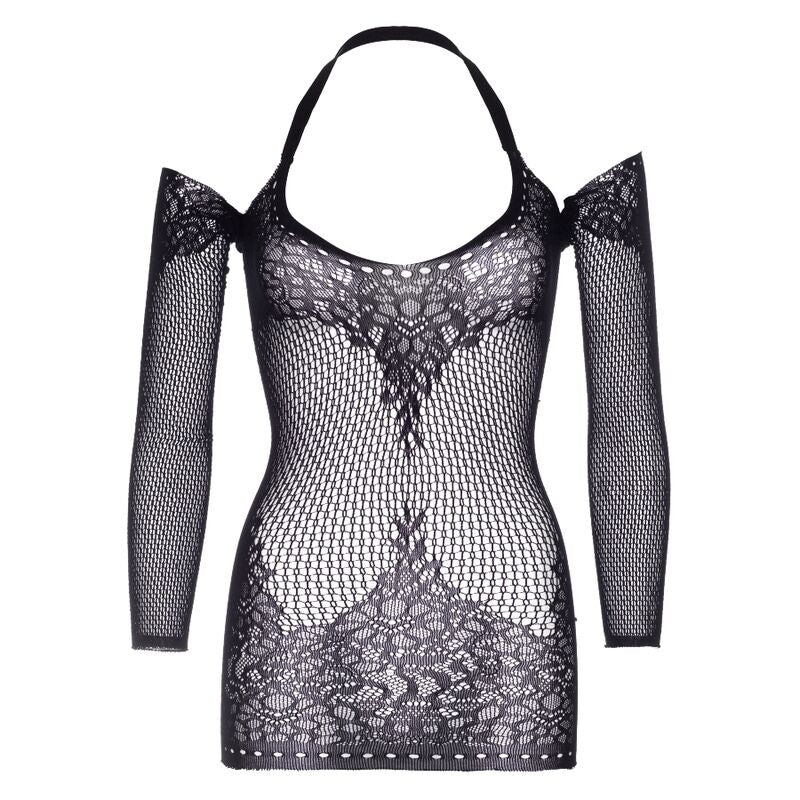 LEG AVENUE - VESTIDO MINI DE ENCAJE CON HALTER TWIST TALLA ÚNICA