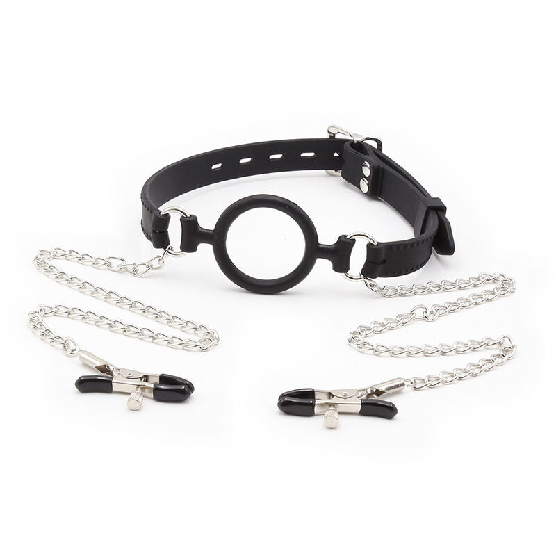 OHMAMA FETISH - MORDAZA DE ANILLO CON CADENAS Y PINZAS PARA PEZONES