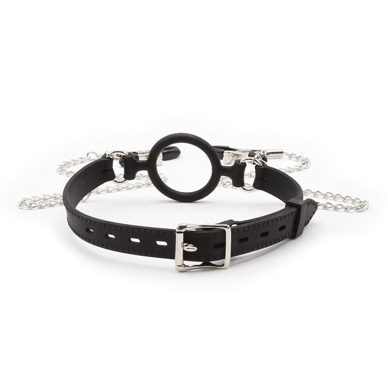 OHMAMA FETISH - MORDAZA DE ANILLO CON CADENAS Y PINZAS PARA PEZONES