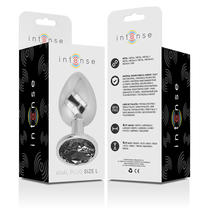 INTENSE - PLUG ANALE IN METALLO DI ALLUMINIO CON VETRO NERO TAGLIA L
