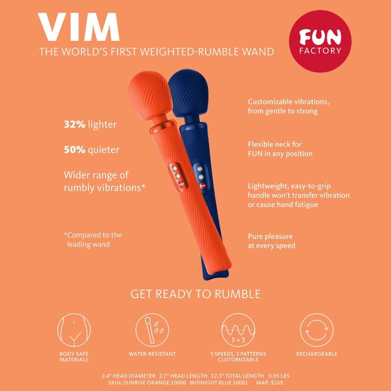 FUN FACTORY - VIM VARITA VIBRADORA DE SILICONA RECARGABLE CON PESO, AZUL MEDIANOCHE