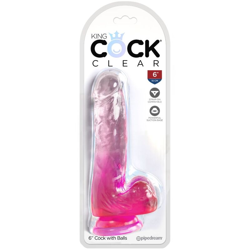 KING COCK - PENE REALISTA TRANSPARENTE CON BOLAS 13,5 CM ROSA