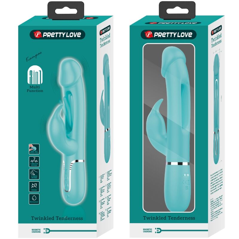 PRETTY LOVE - KAMPAS RABBIT VIBRADOR MULTIFUNCIÓN 3 EN 1 CON LENGUA VERDE AGUA
