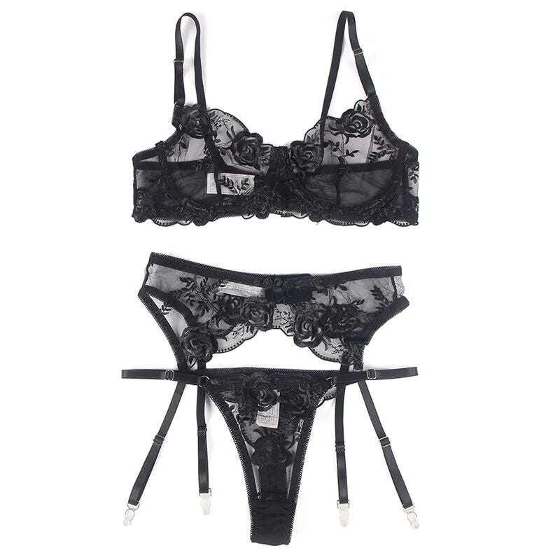 SUBBLIME - SET DE 3 PIEZAS SUJETADOR + TANGA + LIGUERO ESTAMPADO FLORAL NEGRO S/M