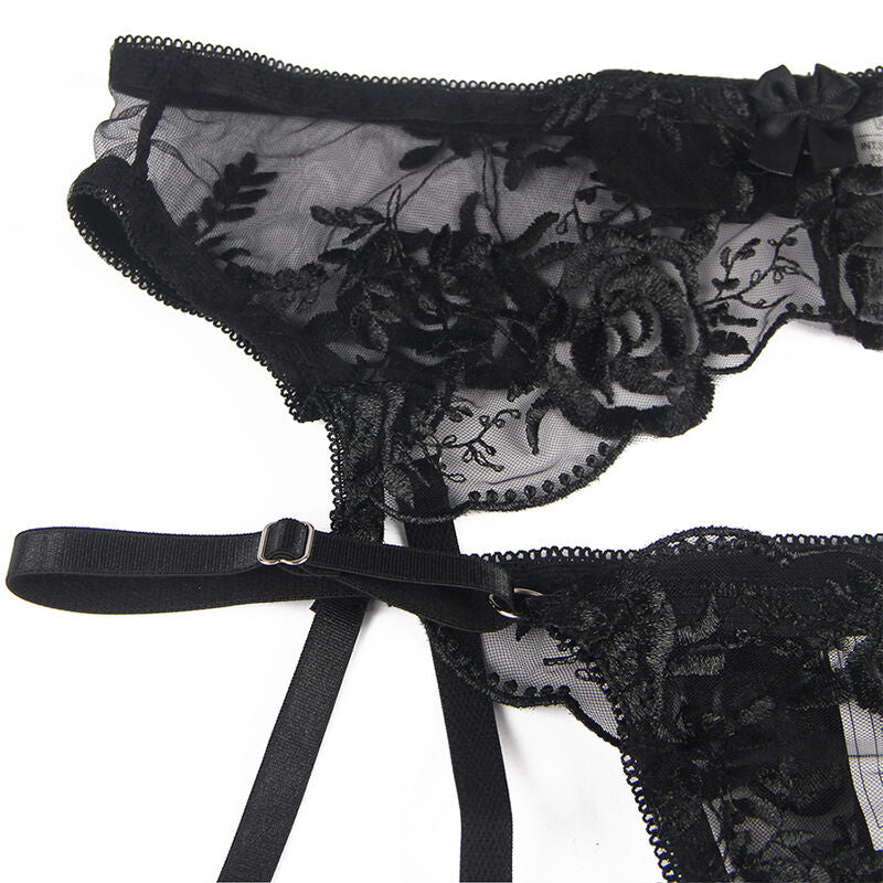 SUBBLIME - SET DE 3 PIEZAS SUJETADOR + TANGA + LIGUERO ESTAMPADO FLORAL NEGRO S/M