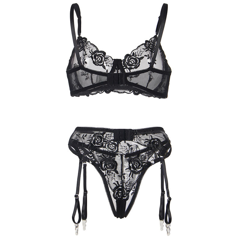 SUBBLIME - SET DE 3 PIEZAS SUJETADOR + TANGA + LIGUERO ESTAMPADO FLORAL NEGRO S/M