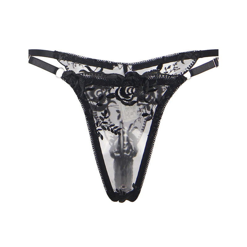 SUBBLIME - SET DE 3 PIEZAS SUJETADOR + TANGA + LIGUERO ESTAMPADO FLORAL NEGRO S/M