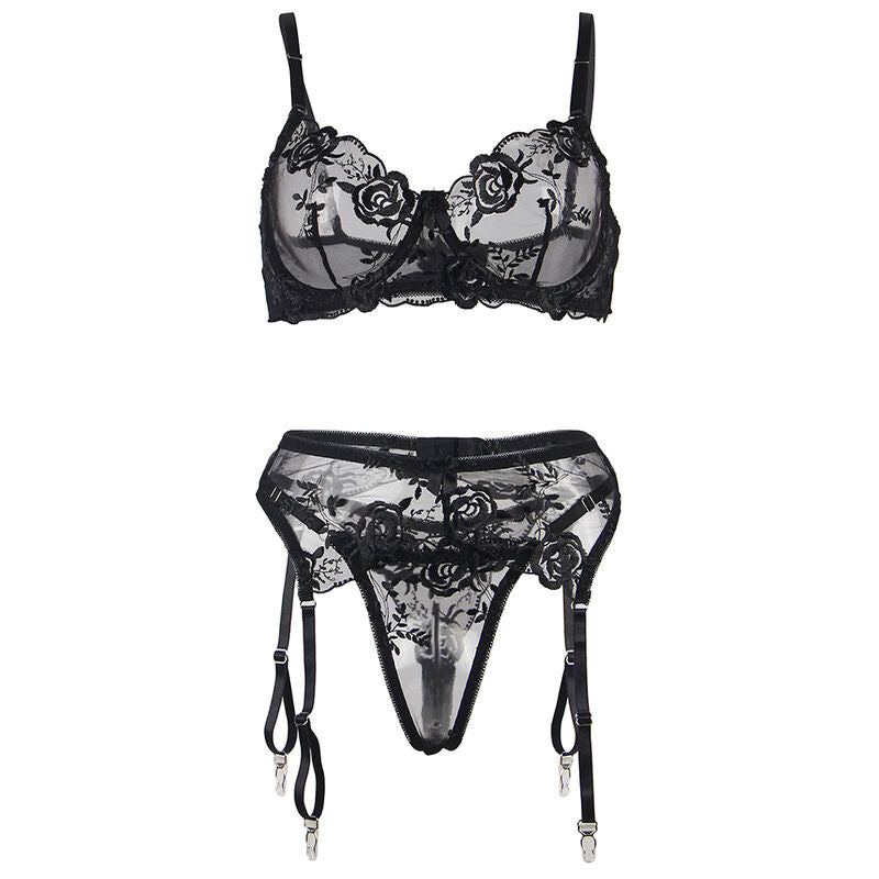 SUBBLIME - SET DE 3 PIEZAS SUJETADOR + TANGA + LIGUERO ESTAMPADO FLORAL NEGRO S/M