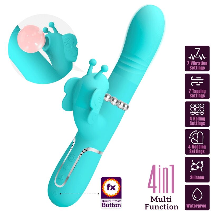 PRETTY LOVE - VIBRATORE CONIGLIO MULTIFUNZIONE 4 IN 1 FARFALLA VERDE ACQUA