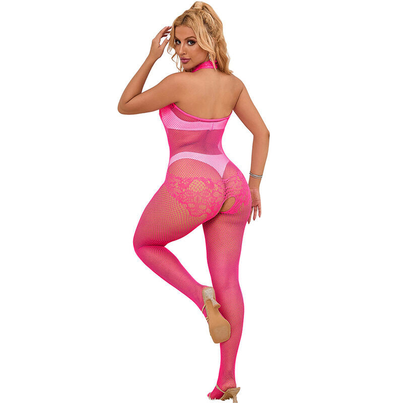 SUBBLIME - 952389 BODYSTOCKING DE RED Y ENCAJE CON CUELLO ALTO ROSA TALLA ÚNICA