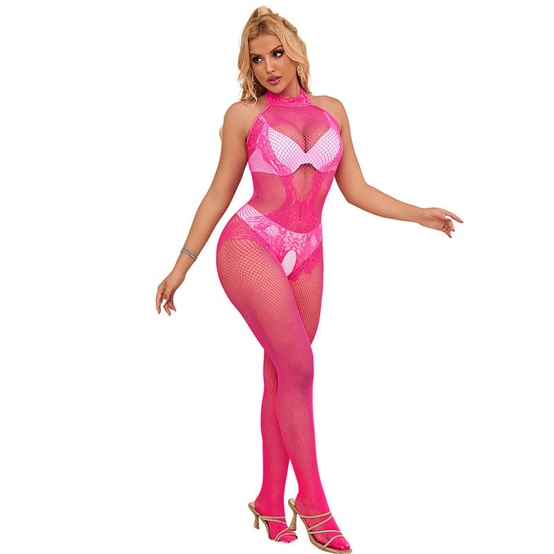 SUBBLIME - 952389 BODYSTOCKING DE RED Y ENCAJE CON CUELLO ALTO ROSA TALLA ÚNICA
