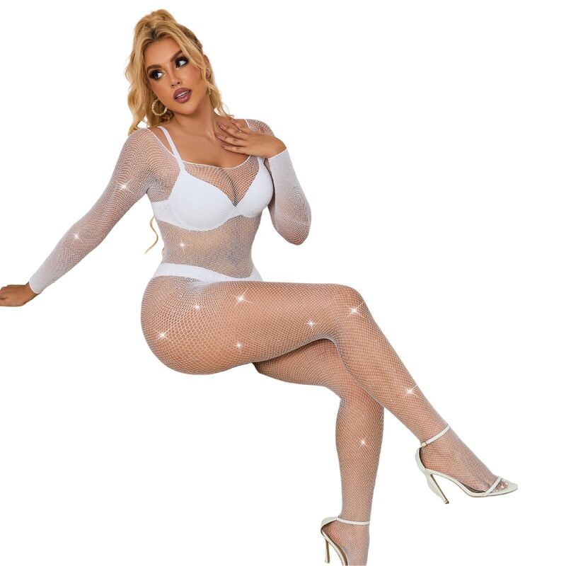 SUBBLIME - 952396 BODYSTOCKING DE RED CON DIAMANTES MANGA LARGA BLANCO TALLA ÚNICA