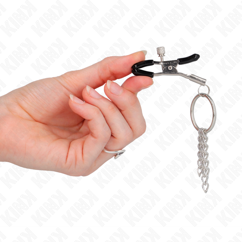 KINK - ABRAZADERA DE PEZONES CON ANILLO TÓRICO Y CADENA PEQUEÑA PLATEADA 6 CM