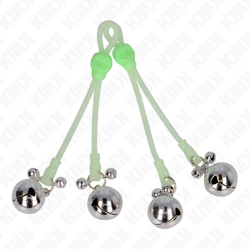KINK - MORSETTI PER CAPEZZOLI A FORMA DI TESCHIO LUMINOSO CON CAMPANELLI REGOLABILI VERDE / ARGENTO