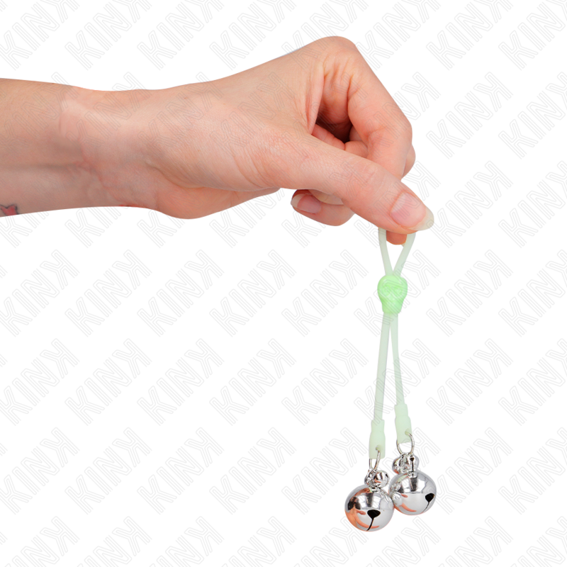 KINK - MORSETTI PER CAPEZZOLI A FORMA DI TESCHIO LUMINOSO CON CAMPANELLI REGOLABILI VERDE / ARGENTO