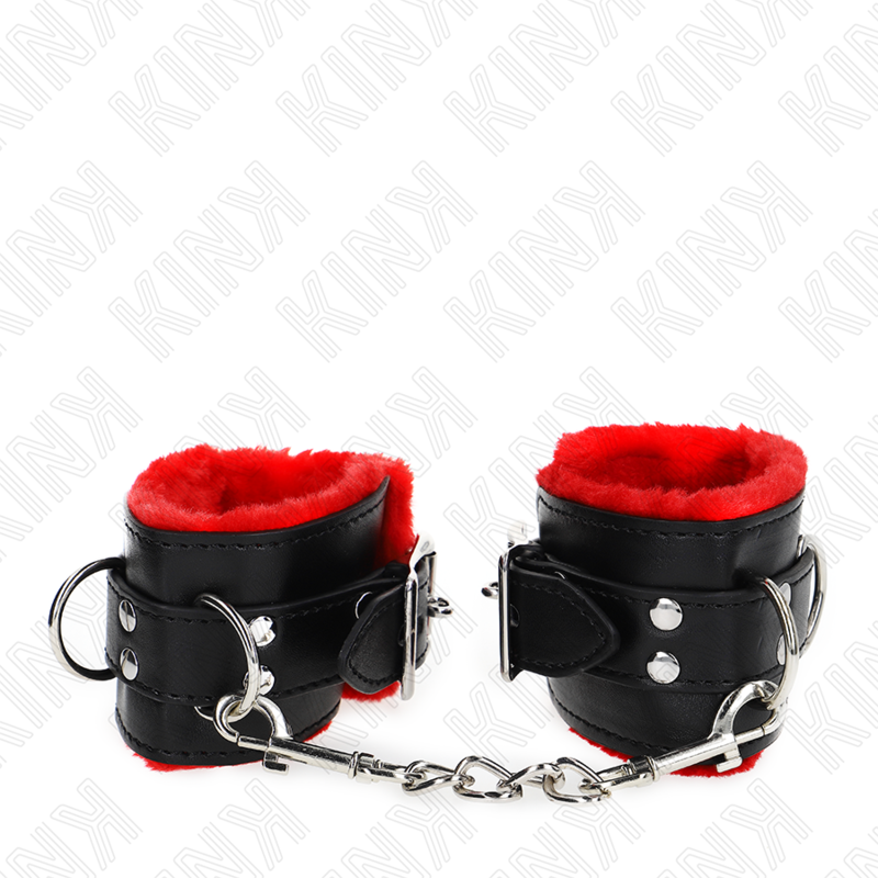 KINK - SUJECIONES DE MUÑECA CON FORRO DE PIEL Y AGUJEROS CUADRADOS CINTURÓN ROJO Y NEGRO AJUSTABLE 17-29 CM X 6 CM