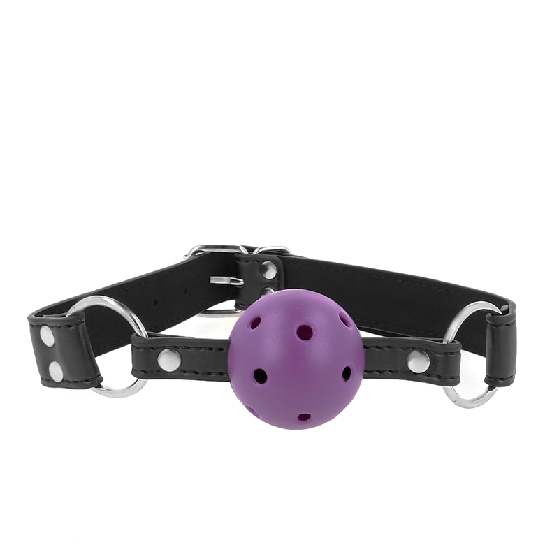 KINK - MORDAZA DE BOLA TRANSPIRABLE DE 4 CM CON DOBLE REMACHE MORADA 62,5 x 2,5 CM AJUSTABLE 42-58 CM