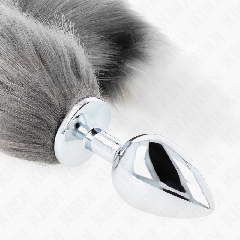 KINK - PLUG ANALE TAGLIA L 10 X 4 CM CON CODA SINTETICA 40 CM GRIGIO E BIANCO