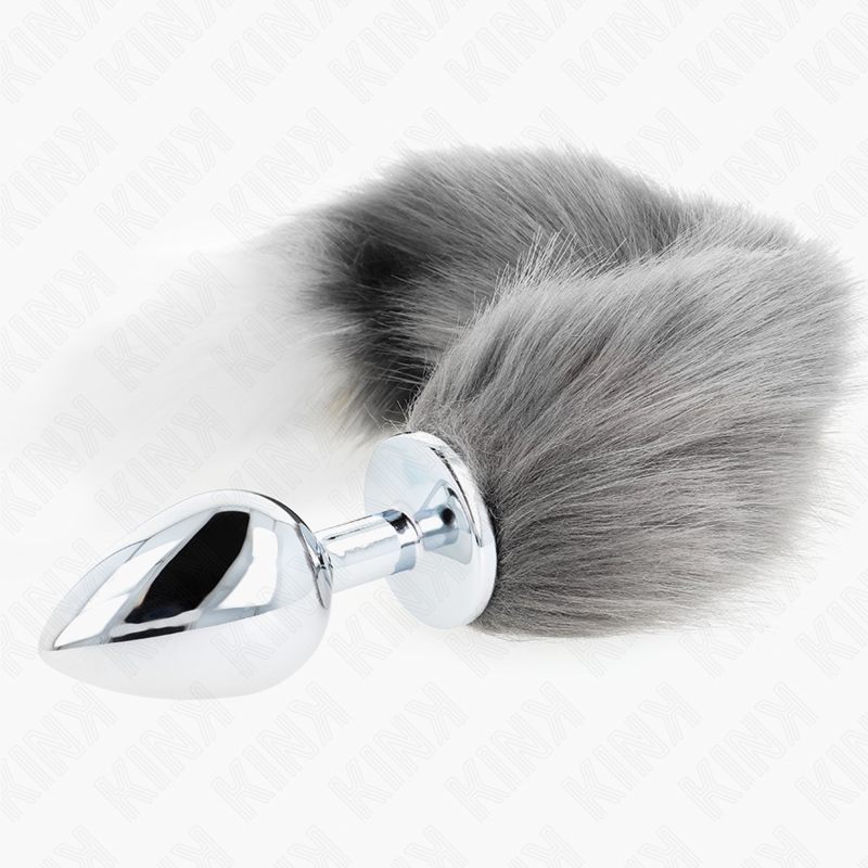 KINK - PLUG ANALE TAGLIA L 10 X 4 CM CON CODA SINTETICA 40 CM GRIGIO E BIANCO