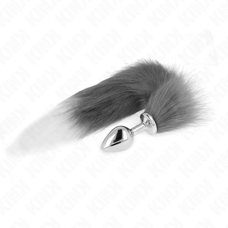 KINK - DIlatatore anale taglia M 8 x 3,5 cm con coda sintetica 40 cm grigio e bianco