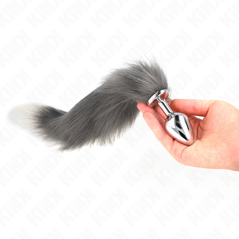 KINK - DIlatatore anale taglia M 8 x 3,5 cm con coda sintetica 40 cm grigio e bianco