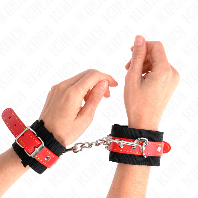 KINK - CINGHIE PER POLSI IN NYLON NERE CON SIMILPELLE ROSSA REGOLABILI 19-24 CM X 5,5 CM