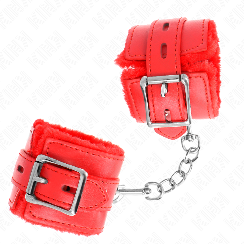 KINK - CINTURINI DA POLSO RIVESTITI IN PELLICCIA CON FORI QUADRATI ROSSI E CINTURA ROSSA REGOLABILI 17-29 CM X 6 CM
