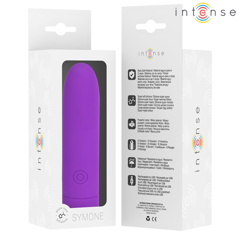 INTENSE - SYMONE PROIETTILE VIBRANTE RICARICABILE USB 8 VIBRAZIONI VIOLA 10 X 2,2 CM