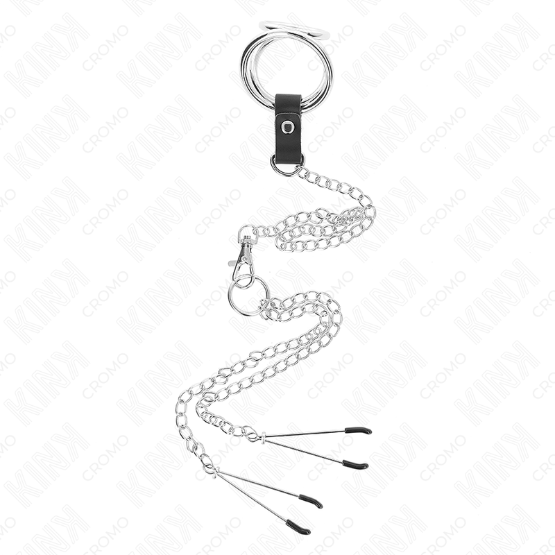 KINK - ANELLO PER PENE TRIPLO IN METALLO CROMATO DA 3 CM A 4,5 CM CON CATENA IN METALLO DA 26 CM E CLIP PER CAPEZZOLI