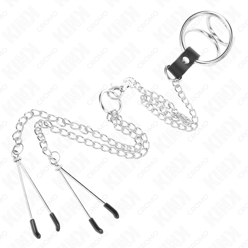 KINK - ANELLO PER PENE TRIPLO IN METALLO CROMATO DA 3 CM A 4,5 CM CON CATENA IN METALLO DA 26 CM E CLIP PER CAPEZZOLI