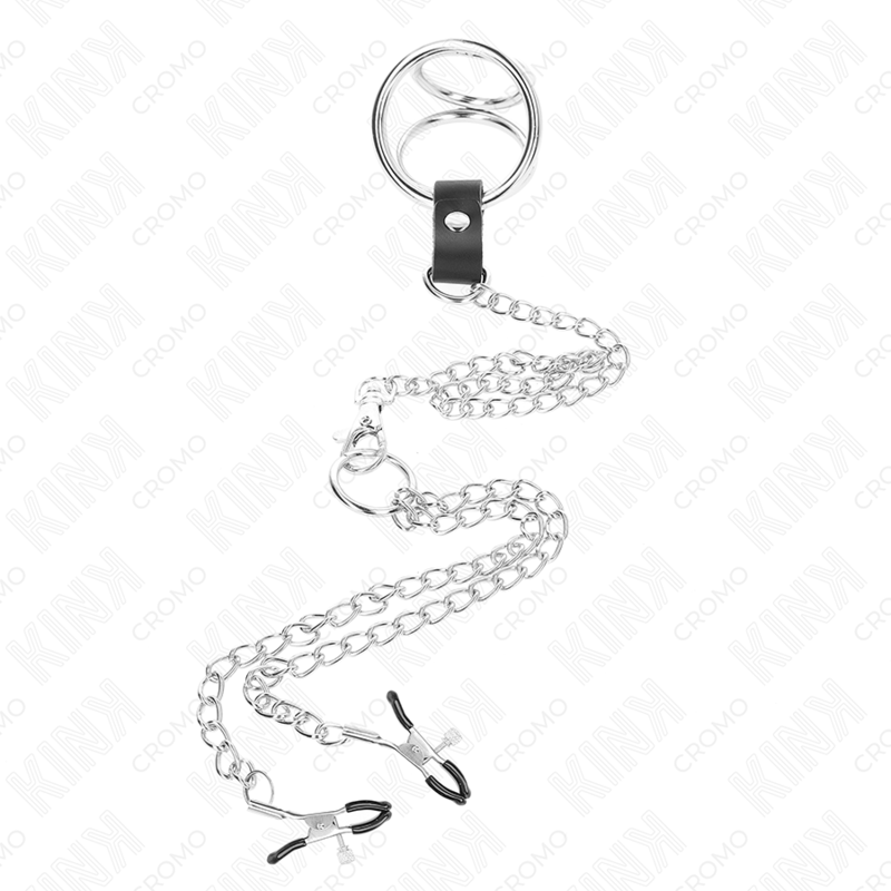 KINK - ANELLO PER PENE TRIPLO IN METALLO CROMATO DA 3,8 CM A 5 CM CON CATENA IN METALLO DA 26 CM E MORSETTI PER CAPEZZOLI MODELLO 1