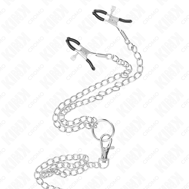 KINK - ANELLO PER PENE TRIPLO IN METALLO CROMATO DA 3 CM A 4,5 CM CON CATENA IN METALLO DA 26 CM E CLIP PER CAPEZZOLI