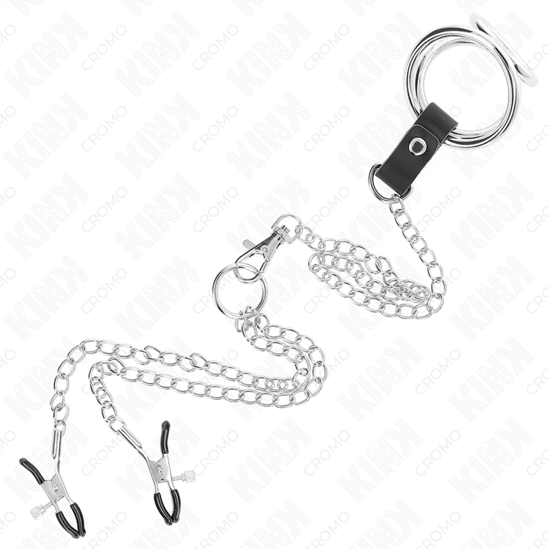 KINK - ANELLO PER PENE TRIPLO IN METALLO CROMATO DA 3 CM A 4,5 CM CON CATENA IN METALLO DA 26 CM E CLIP PER CAPEZZOLI