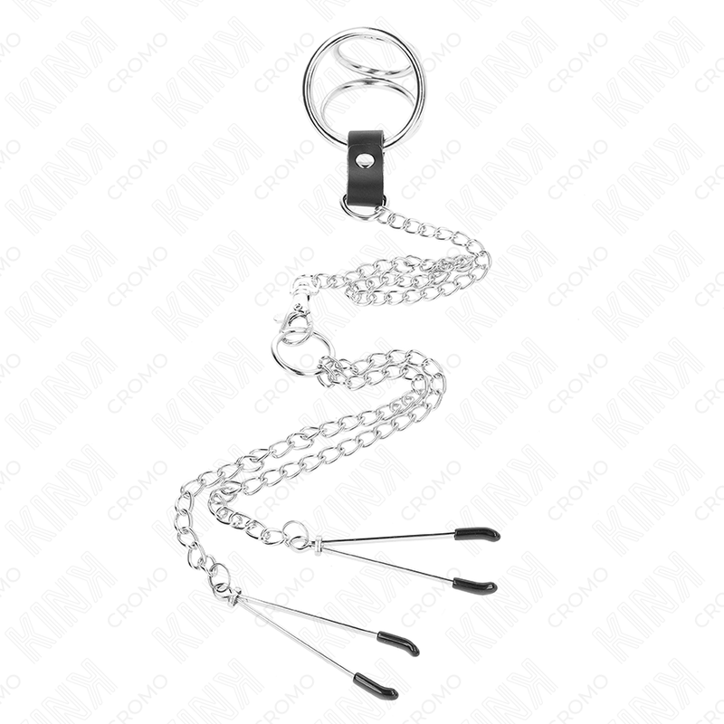 KINK - ANELLO PER PENE TRIPLO IN METALLO CROMATO DA 3,8 CM A 5 CM CON CATENA IN METALLO DA 26 CM E MORSETTI PER CAPEZZOLI MODELLO 2