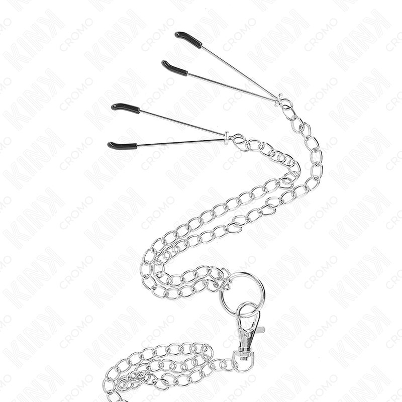 KINK - ANELLO PER PENE TRIPLO IN METALLO CROMATO DA 3,8 CM A 5 CM CON CATENA IN METALLO DA 26 CM E MORSETTI PER CAPEZZOLI MODELLO 2