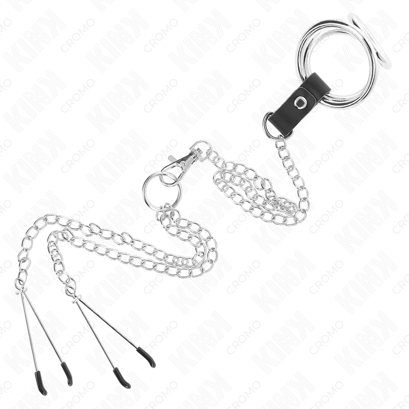 KINK - ANELLO PER PENE TRIPLO IN METALLO CROMATO DA 3,8 CM A 5 CM CON CATENA IN METALLO DA 26 CM E MORSETTI PER CAPEZZOLI MODELLO 2