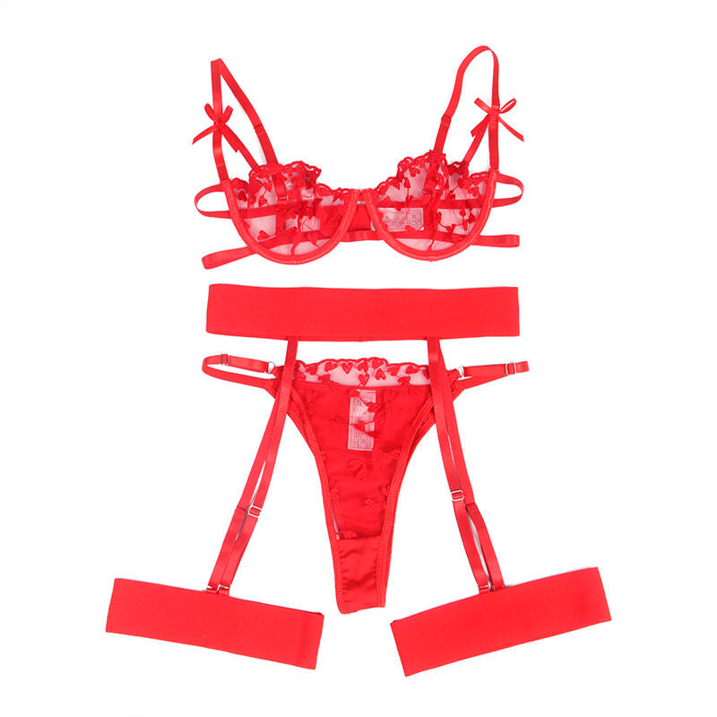SUBBLIME - 954338 SUJETADOR + TANGA + LIGUERO ESTAMPADO CORAZONES ROJO L/XL