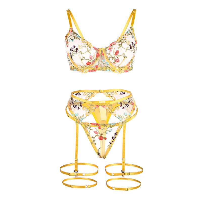 SUBBLIME - 954352 SUJETADOR + TANGA + LIGUERO DISEÑO FLORAL AMARILLO L/XL