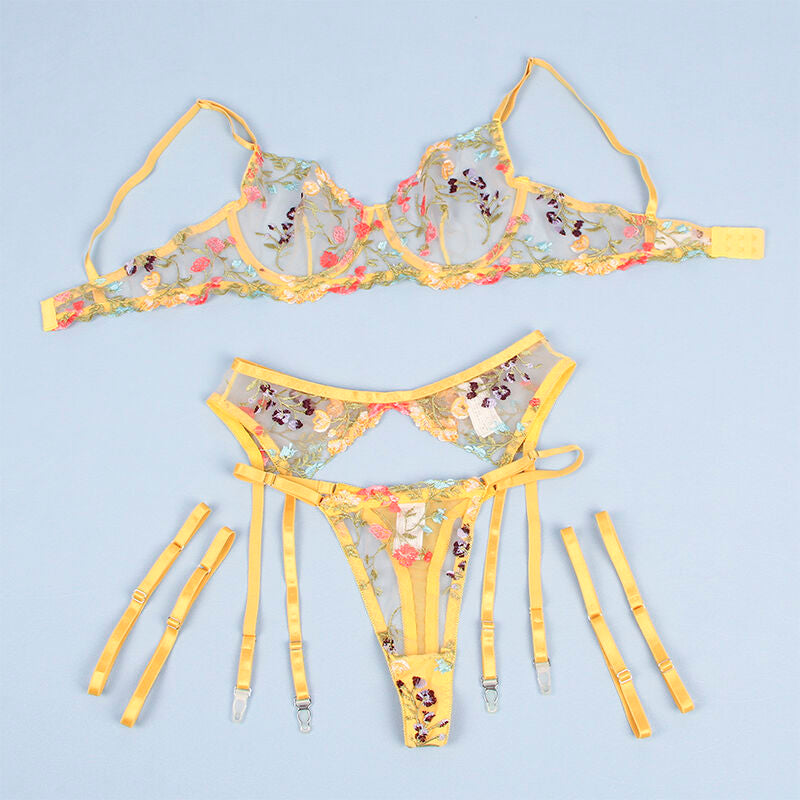 SUBBLIME - 954352 SUJETADOR + TANGA + LIGUERO DISEÑO FLORAL AMARILLO L/XL