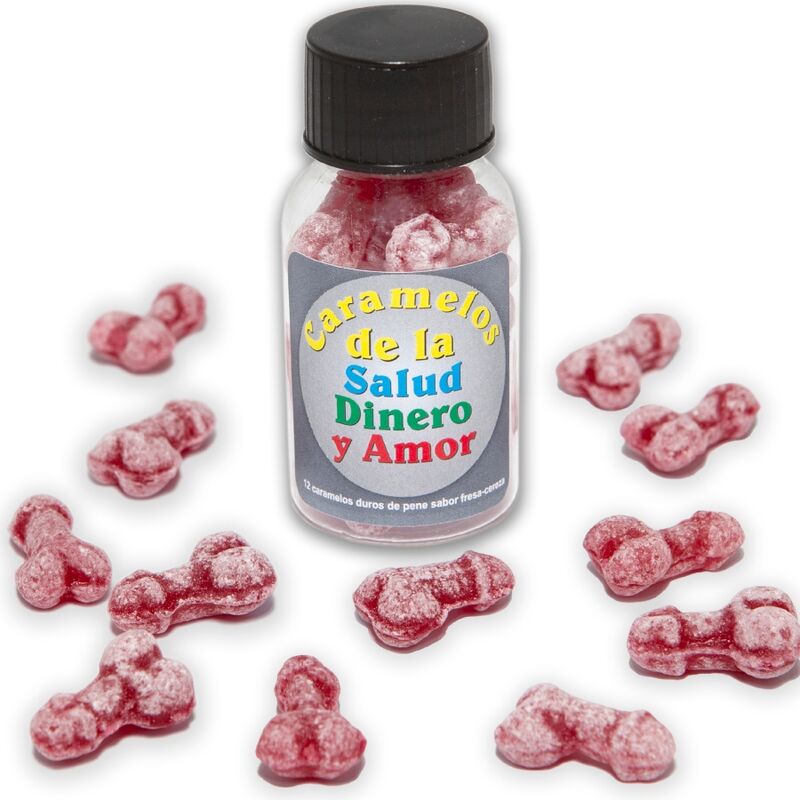 DIABLO PICANTE - 12 CARAMELLE SALUTE-DENARO-AMORE A FORMA DI PENE FRAGOLA/CILIEGIA
