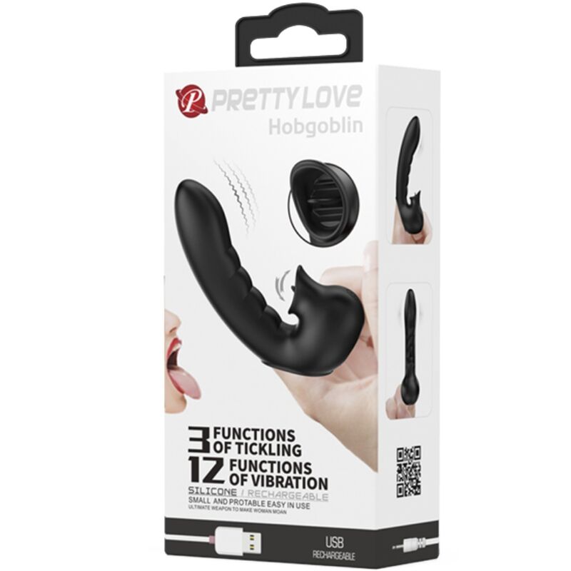 PRETTY LOVE - HOBGOBLIN ESTUCHE DEDO VIBRADOR 12 VIBRACIONES + ESTIMULADOR DE CLÍTORIS NEGRO