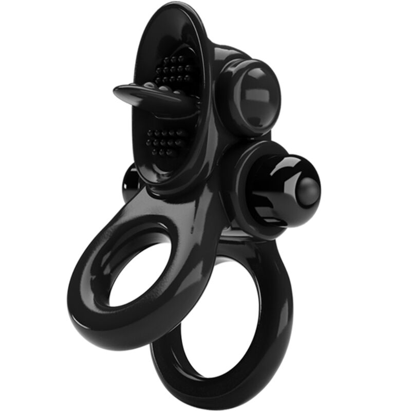 PRETTY LOVE - ANILLO PASSIONATE DOBLE ANILLO VIBRADOR + ESTIMULADOR DE CLÍTORIS NEGRO