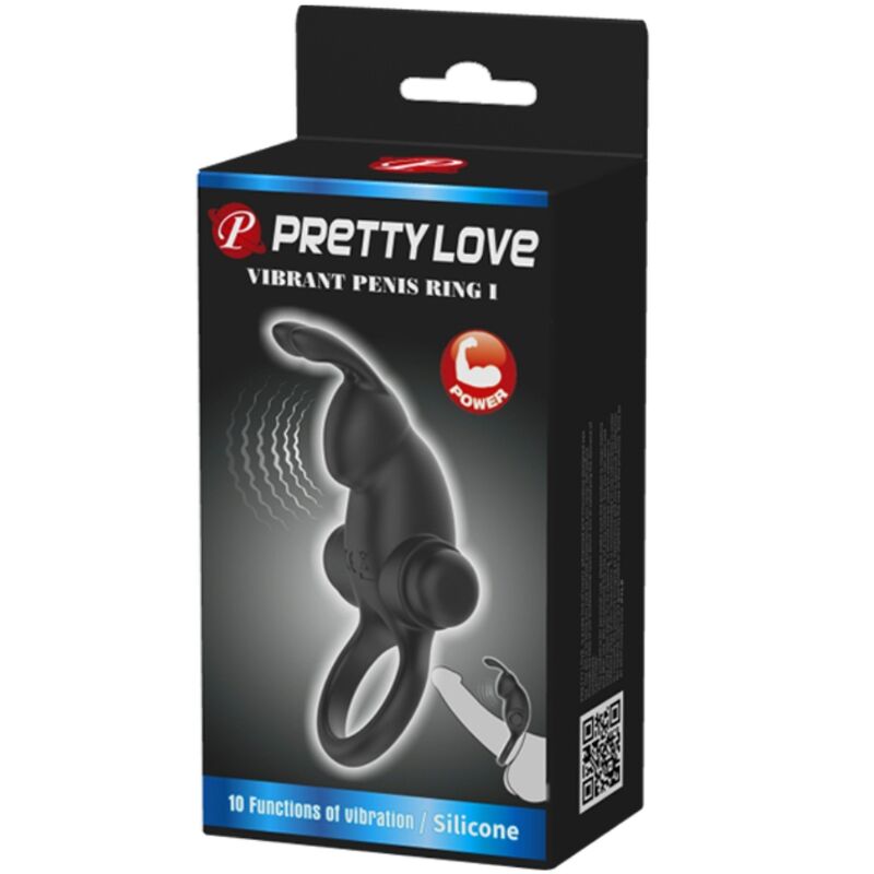 PRETTY LOVE - ANILLO VIBRADOR + ESTIMULADOR DE CLÍTORIS CONEJO 10 VIBRACIONES NEGRO