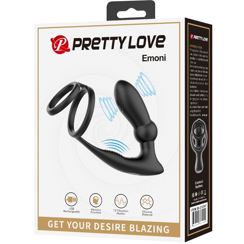 PRETTY LOVE - EMONI ANILLO PARA EL PENE + PLUG ANAL 12 VIBRACIONES NEGRO