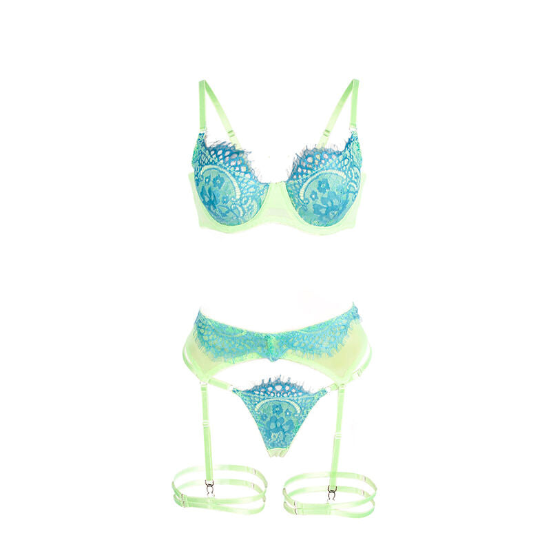SUBBLIME - 955328 COMPLETO REGGISENO CON PIZZO E LINEE GIARRETTIERE VERDE E BLU L/XL