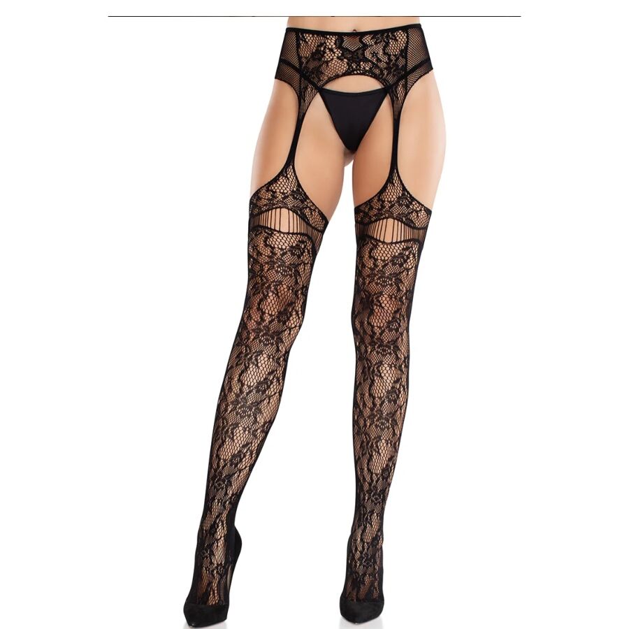 LEG AVENUE - LACE STOCKINGS WITH GARTERS BLACK