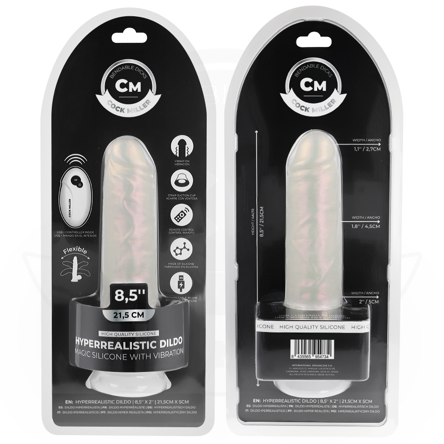 COCK MILLER - DILDO WITH SUCTION CUP, LIGHTS AND VIBRATION WITH REMOTE CONTROL WHITE 21.5 CM