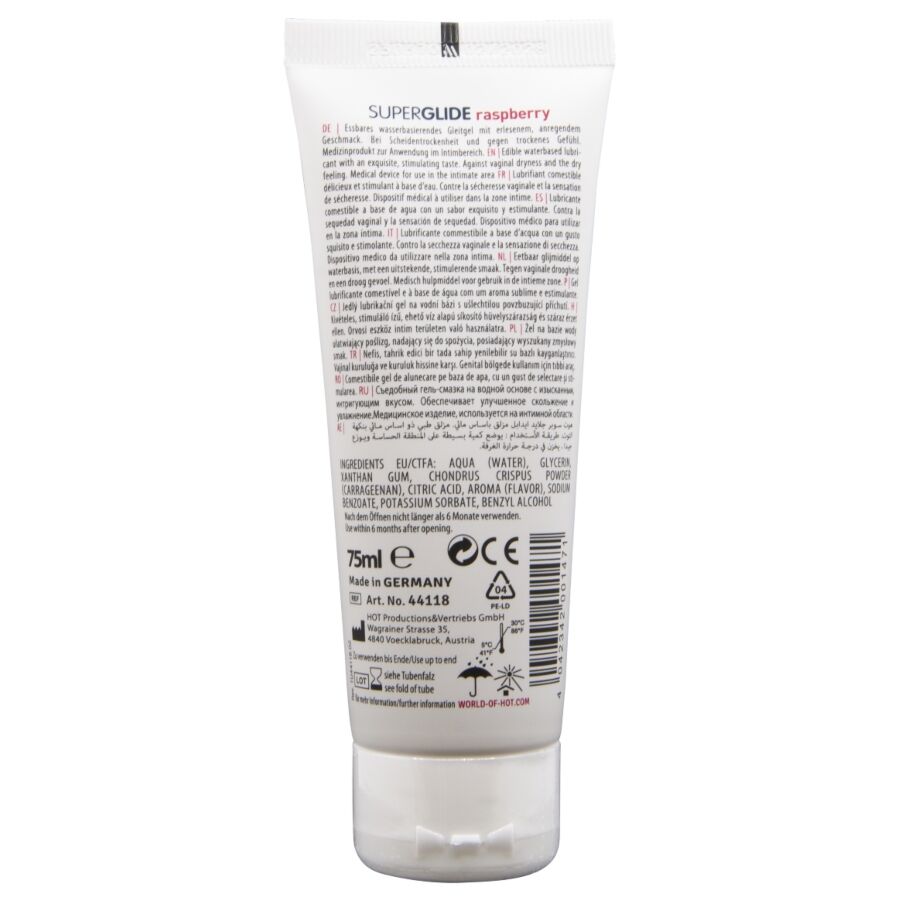 HOT - SUPERGLIDE LUBRICANTE COMESTIBLE BASE AGUA FRAMBUESA 75 ML