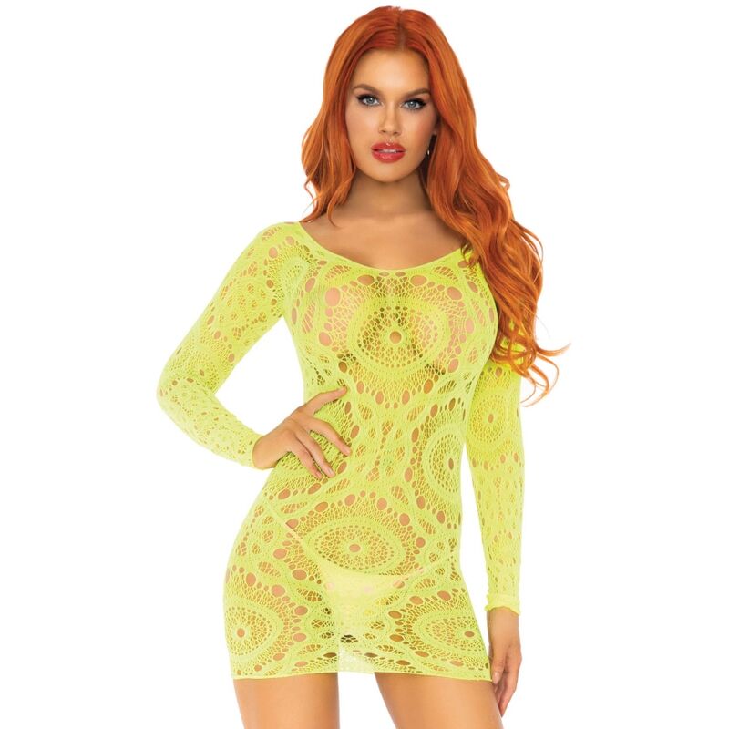 LEG AVENUE - MINI ABITO A MANICHE LUNGHE IN PIZZO ALL'UNCINETTO NEON TAGLIA UNICA